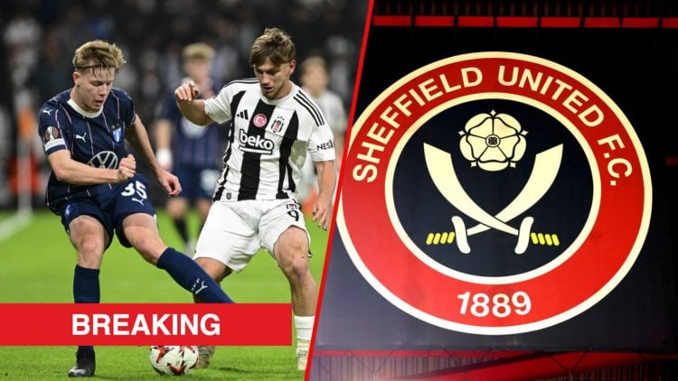 Split image showing new Blades signing Nils Zatterstrom playing for Malmo, and the Sheffield United badge outside Bramall Lane