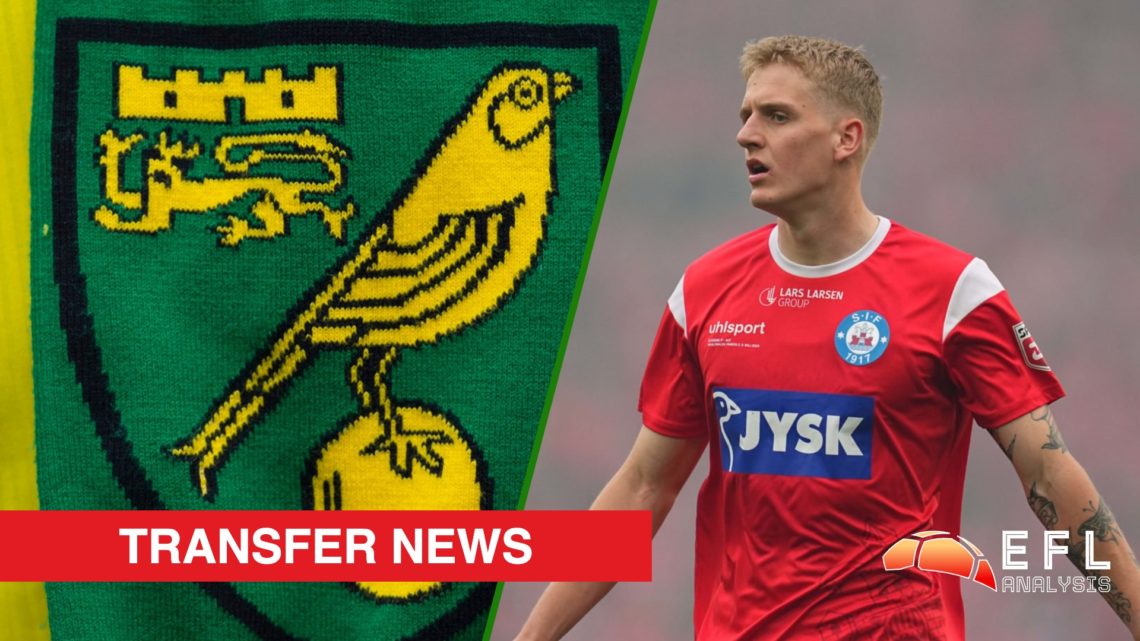 Split image showing the Norwich City badge on a scarf at Carrow Road and Pelle Mattsson at Silkeborg IF