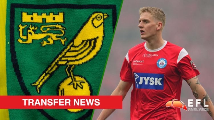 Split image showing the Norwich City badge on a scarf at Carrow Road and Pelle Mattsson at Silkeborg IF