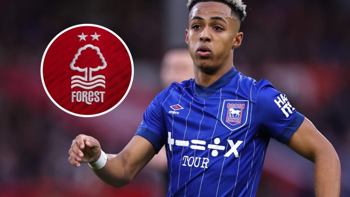 Ipswich Town FC player Omari Hutchinson reacts during a Premier League match. Inset, the Nottingham Forest FC badge.