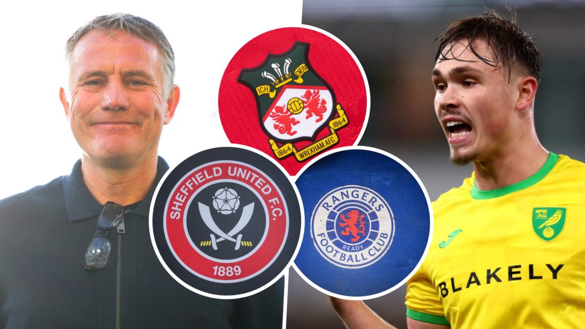 Wrexham AFC manager Phil Parkinson reacts before a game, and Callum Doyle in action for Norwich City FC. Inset, the Wrexham AFC badge, the Sheffiel...