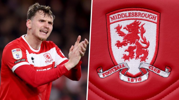 Rav van den Berg reacts during a Championship game for Middlesbrough FC, and the Middlesbrough FC badge.