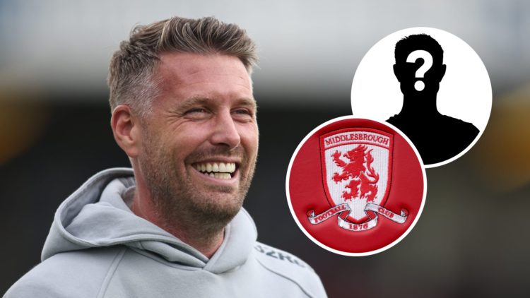 Middlesbrough FC manager Rob Edwards smiles after a game. Overlaid, a mystery player and the Middlesbrough FC badge.