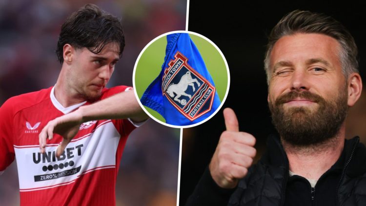 Middlesbrough FC midfielder Hayden Hackney reacts during a pre-season friendly, and Middlesbrough FC manager Rob Edwards. Inset, the Ipswich Town F...