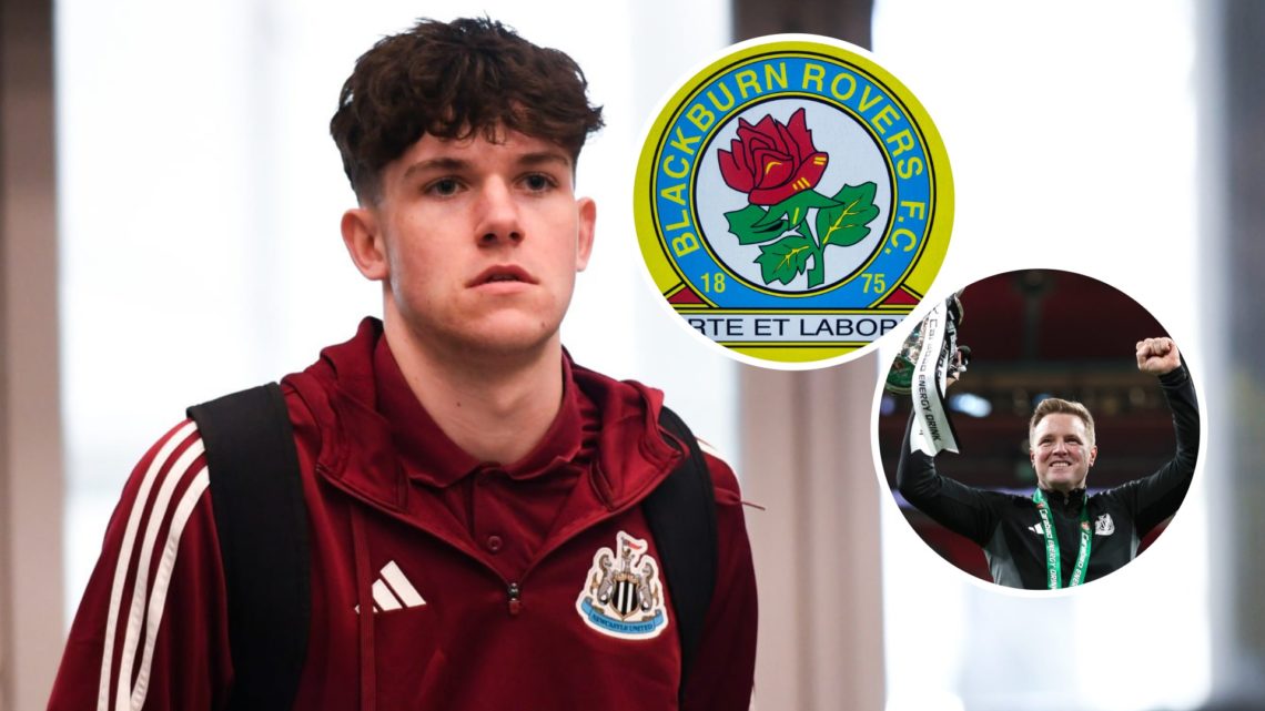 Newcastle United FC midfielder Rory Finneran before an academy game. Overlaid, the Blackburn Rovers FC badge and Newcastle United FC manager Eddie ...