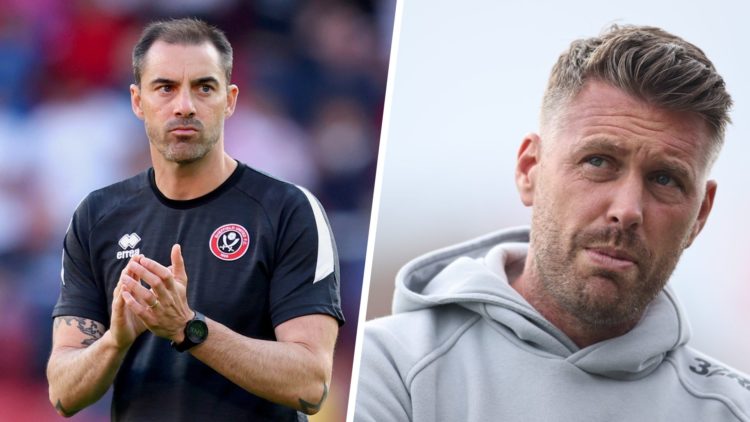 Ruben Selles, Manager of Sheffield United, applauds the fans (left), Middlesbrough Head Coach Rob Edwards is present (right)