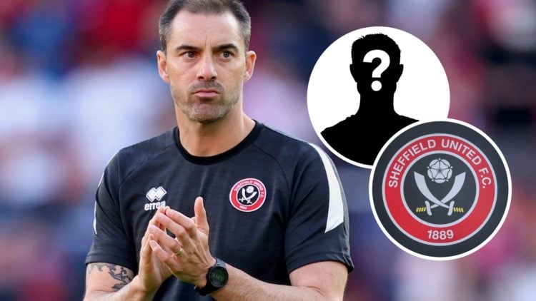Sheffield United FC manager Ruben Selles applauds fans after a Championship game. Inset, the Sheffield United FC badge and a mystery player.