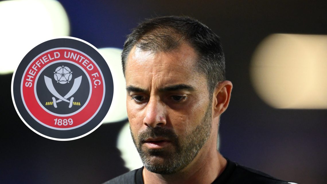 Sheffield United manager Ruben Selles with club badge inset.