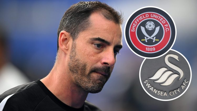 Sheffield United FC manager Ruben Selles reacts on the touchline. Inset, the Sheffield United FC badge and the Swansea City FC badge.