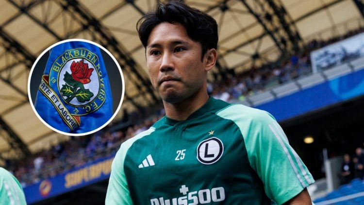 New Blackburn Rovers star Ryoya Morishita, with club badge inset.