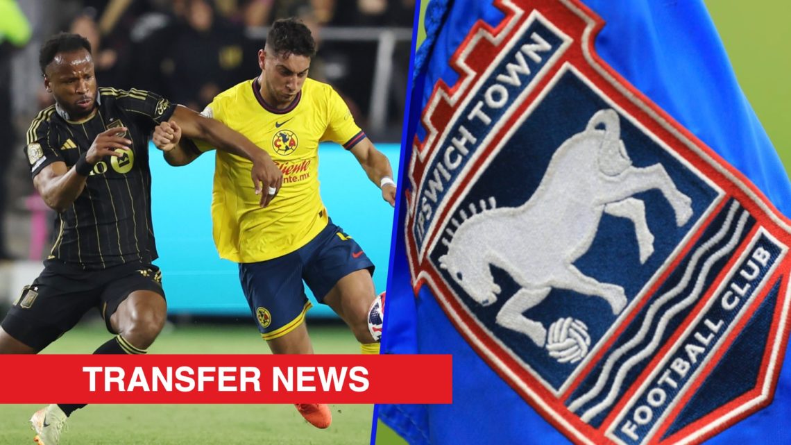 Split image showing Club America defender Sebastian Caceres and the Ipswich Town badge on a Portman Road corner flag