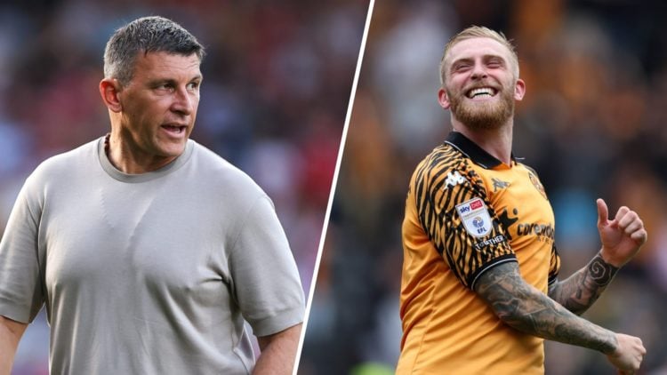 Sergej Jakirovic the head coach / manager of Hull City during the Carabao Cup first round match between Wrexham and Hull City (L). Oli McBurnie of ...