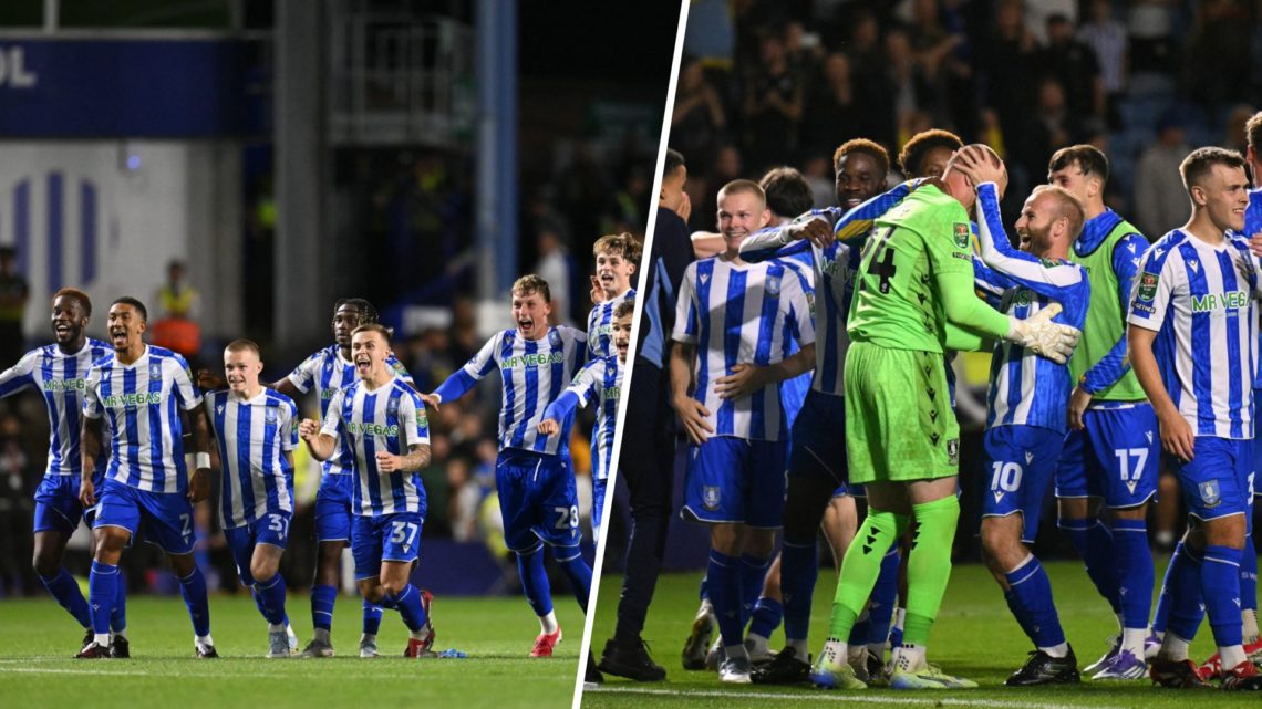 Sheffield Wednesday celebrate penalty win (left and right)