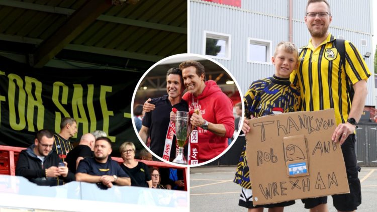 Sheffield Wednesday fans and inset of Rob McElhenney and Ryan Reynolds