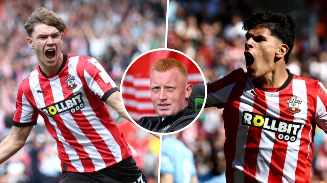 Southampton FC player Tyler Dibling reacts after scoring a goal in the Premier League, and Southampton FC midfielder Mateus Fernandes celebrates af...