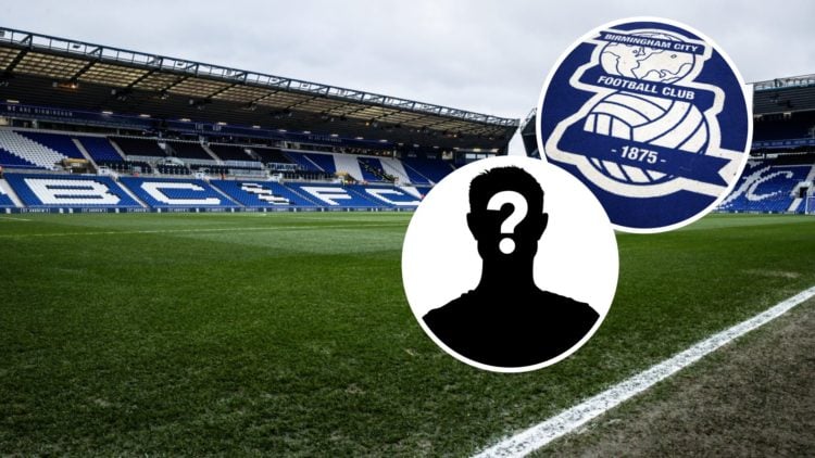 A general view of St Andrews Stadium, an inset of the Birmingham City badge, an inset of a mystery man