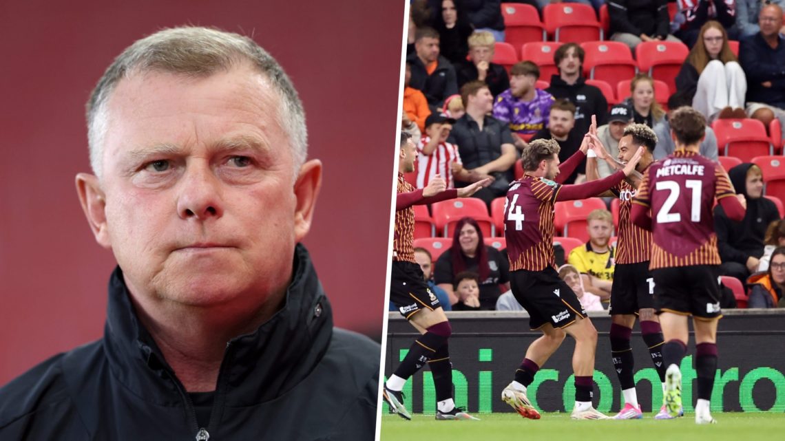 Stoke City manager Mark Robins (left) and Bradford City players celebrating (right)
