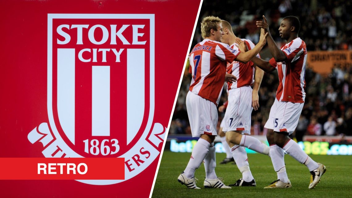 A detailed view of the Stoke City badge, Vincent Pericard of Stoke City is celebrates with terammate Liam Lawrence