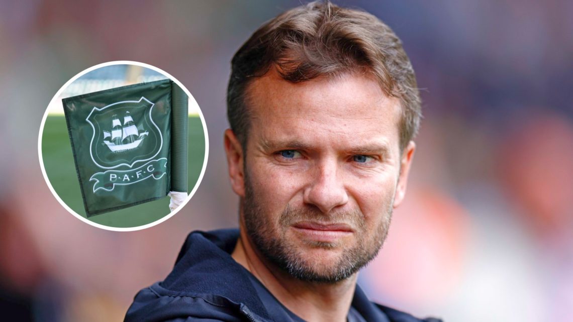 Tom Cleverley reacts during a Championship game as Watford FC head coach. Overlaid, the Plymouth Argyle FC badge.