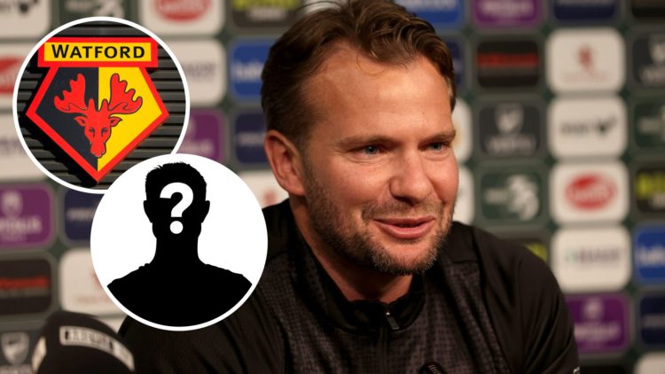 Tom Cleverley head coach of Plymouth Argyle FC during a press conference. Inset, Watford badge. Inset, Mystery Player