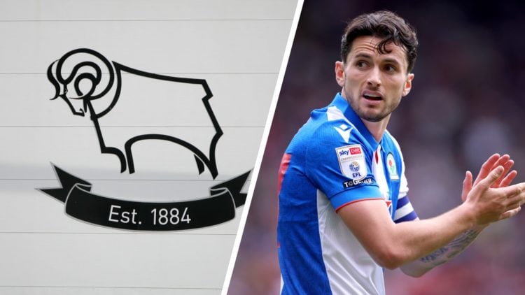 Blackburn Rovers captain Lewis Travers reacts during the Championship match against Sheffield United. Derby County badge at Pride Park stadium.