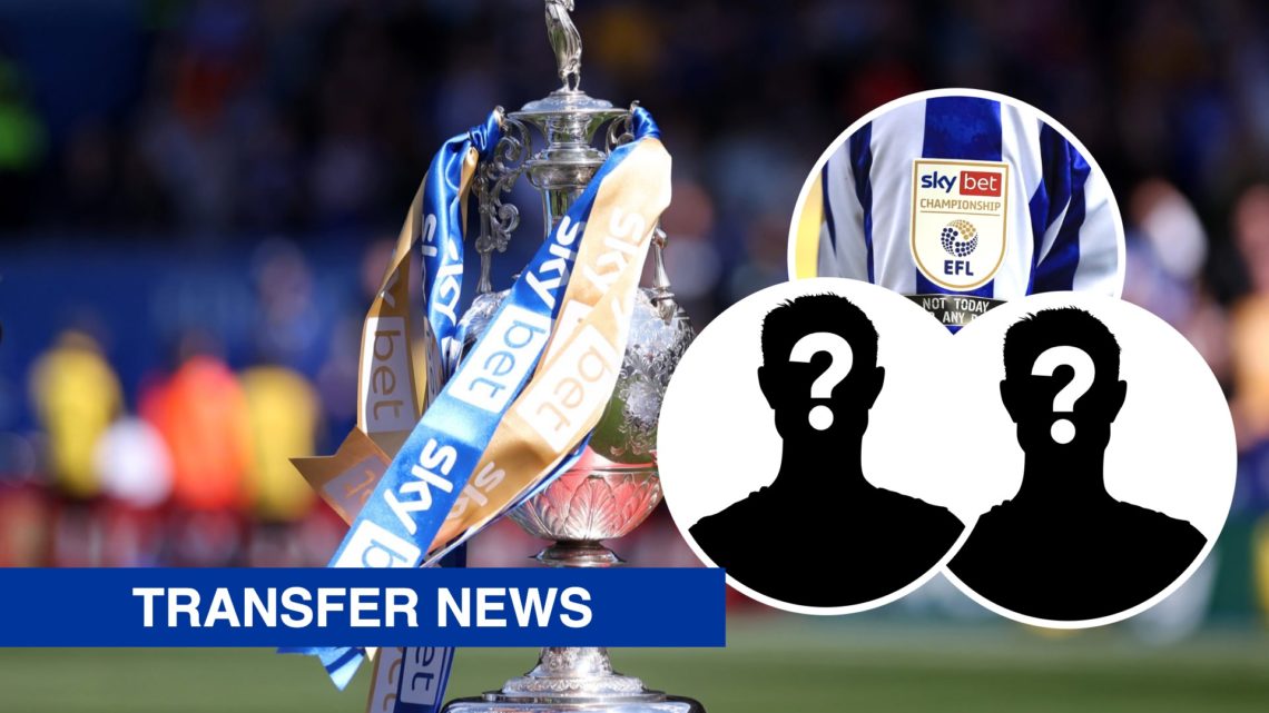 The SkyBet Championship trophy on display at the King Power Stadium, an inset of the EFL badge, an inset of a mystery man
