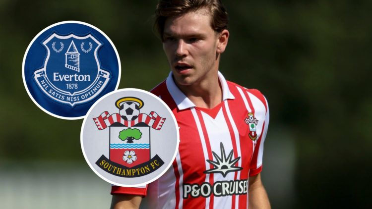 Southampton FC player Tyler Dibling reacts during a pre-season friendly. Inset, the Everton FC badge and the Southampton FC badge.