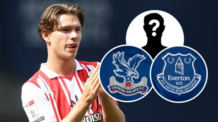 Tyler Dibling reacts after a Championship game for Southampton FC. Inset, a mystery player, the Crystal Palace FC badge and the Everton FC badge.