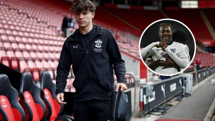 Tyler Dibling ahead of Southampton against Fulham in the Premier League. Inset, England's midfielder #15 Eberechi Eze (L) celebrates with England's...
