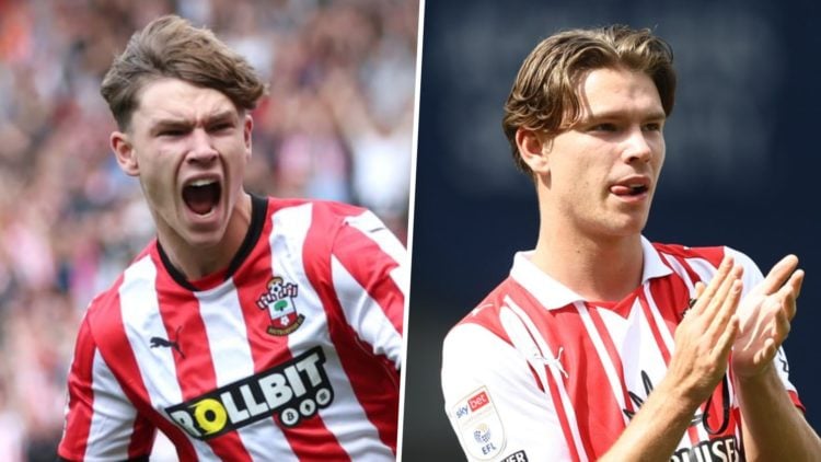 Tyler Dibling celebrates (left) and claps Southampton fans (right)