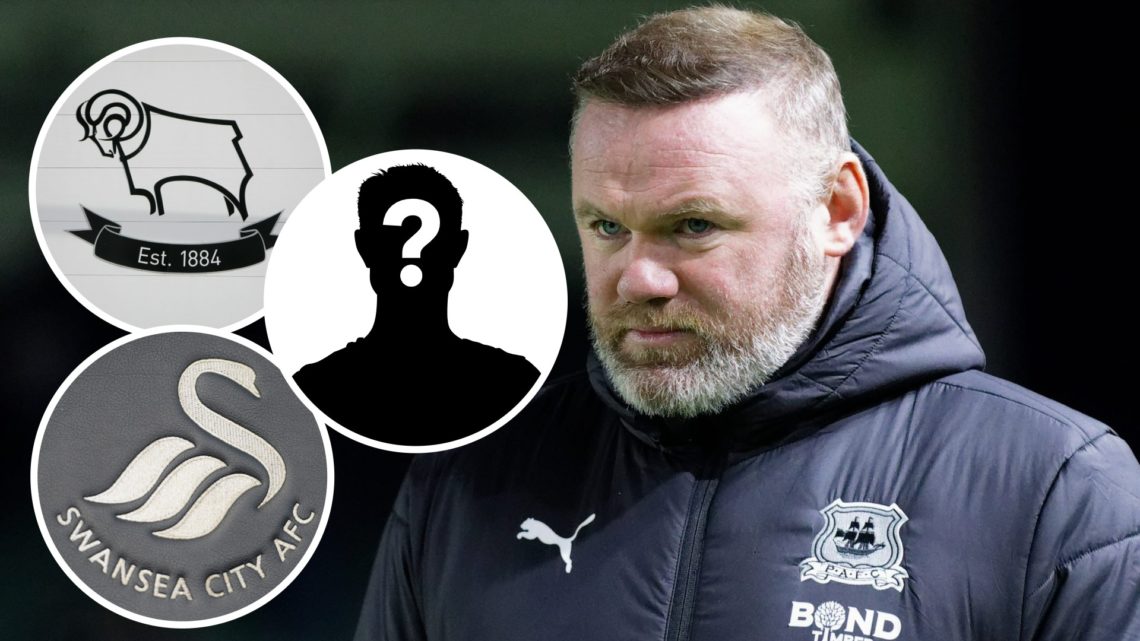 Wayne Rooney during Plymouth Argyle FC v Swansea City AFC. Inset, Derby County badge. Inset, Swansea City badge. Inset, Mystery Player