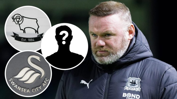 Wayne Rooney during Plymouth Argyle FC v Swansea City AFC. Inset, Derby County badge. Inset, Swansea City badge. Inset, Mystery Player