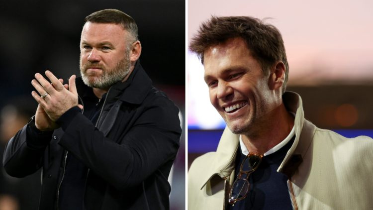 Plymouth manager Wayne Rooney applauds fans after losing the Sky Bet Championship match between Burnley FC and Plymouth Argyle FC (L). Tom Brady mi...