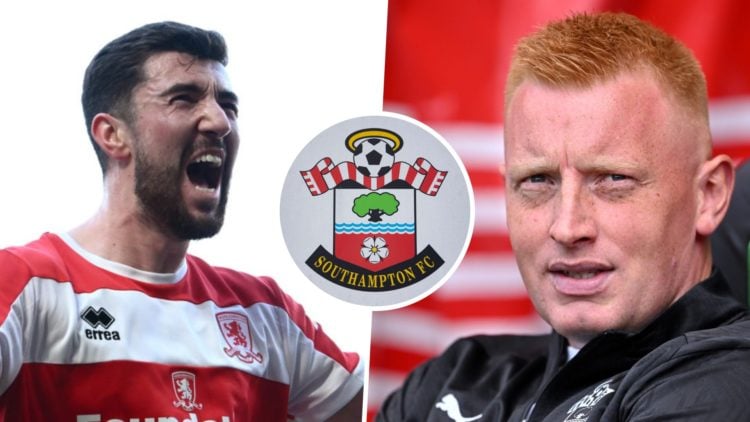 Finn Azaz celebrates after scoring a goal in the Championship for Middlesbrough FC, and Southampton FC manager Will Still at St Mary's Stadium. Ove...
