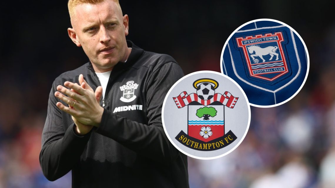 Southampton FC head coach Will Still applauds the fans at Portman Road. Overlaid, the Ipswich Town FC badge and the Southampton FC badge.