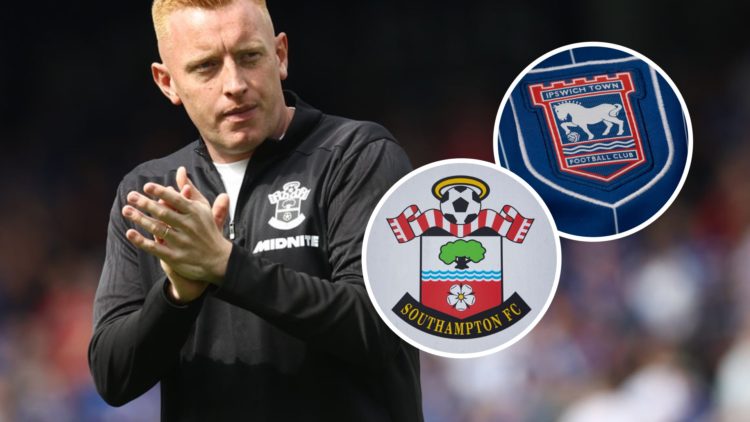 Southampton FC head coach Will Still applauds the fans at Portman Road. Overlaid, the Ipswich Town FC badge and the Southampton FC badge.