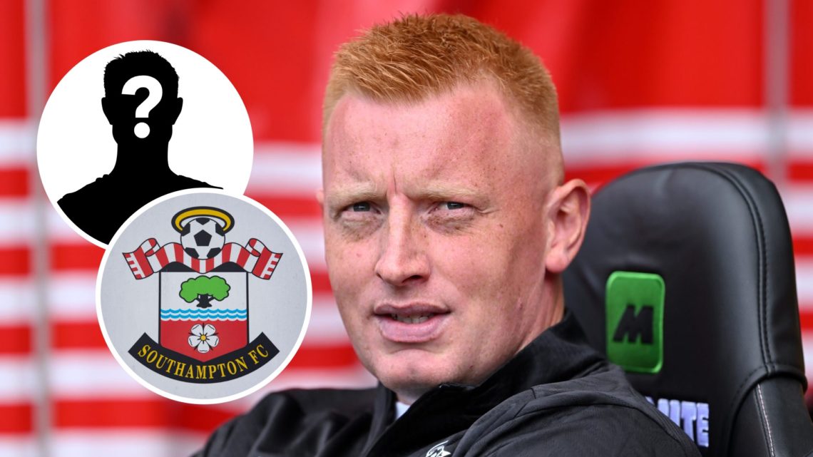 Southampton FC manager Will Still in the dugout at St Mary's before game against Wrexham AFC. Overlaid, a mystery player and the Southampton FC badge.