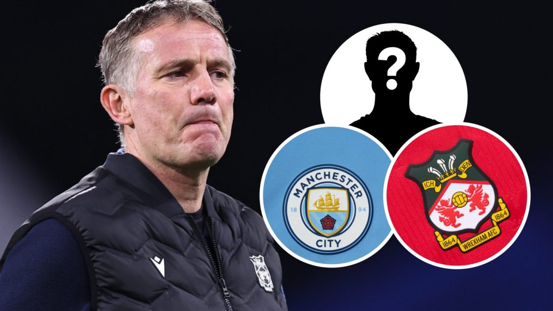 Wrexham AFC manager Phil Parkinson. Inset, a mystery player, the Wrexham AFC badge and the Manchester City FC badge.