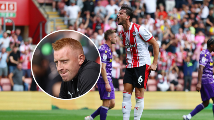 Taylor Harwood-Bellis of Southampton celebrates after scoring during the Sky Bet Championship match between Southampton and Stoke City. Inset, Sout...