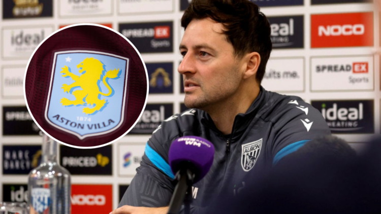 Ryan Mason Head Coach of West Bromwich Albion during a press conference ahead of the match tomorrow against Stoke City. Inset, A detailed view of t...