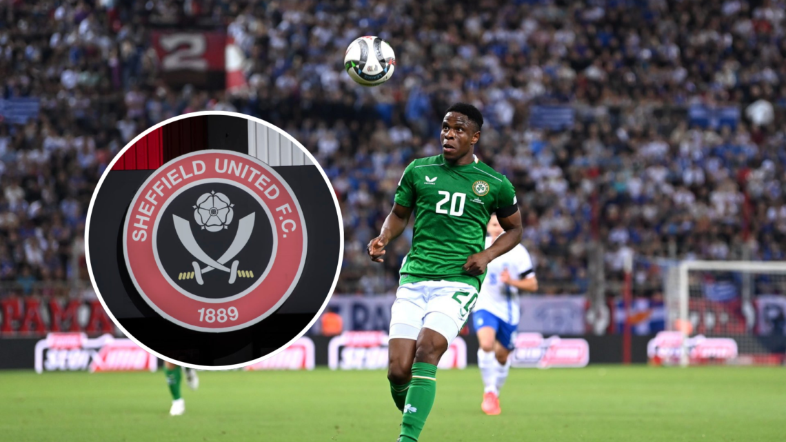 Chiedozie Ogbene of Republic of Ireland during the UEFA Nations League B Group 2 match between Greece and Republic of Ireland. Inset, The official ...