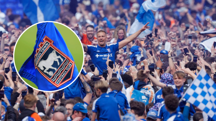 Ipswich defender Harry Clarke, who was born in the town, is carried off the pitch by fans as they celebrate promotion to the Premier League after t...
