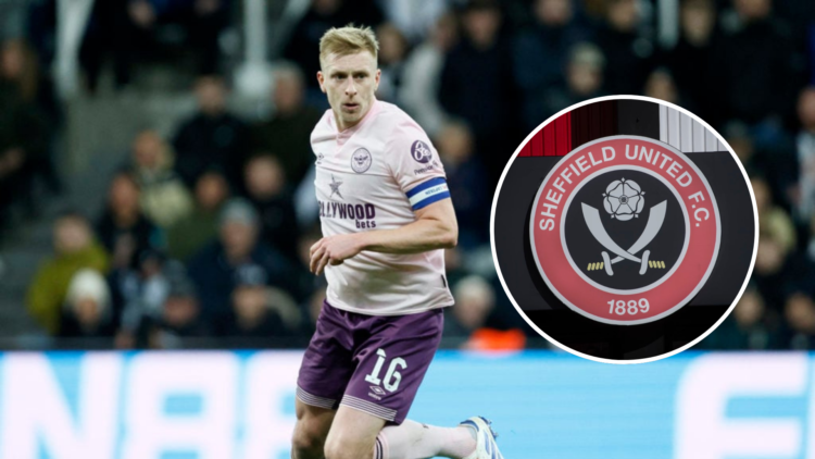 Ben Mee of Brentford on the ball during the Carabao Cup Quarter Final match between Newcastle United and Brentford. Inset, The official Sheffield U...