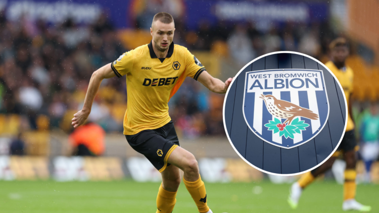 Sasa Kalajdzic of Wolverhampton Wanderers during the Premier League match between Wolverhampton Wanderers and Everton. Inset, The West Bromwich Alb...