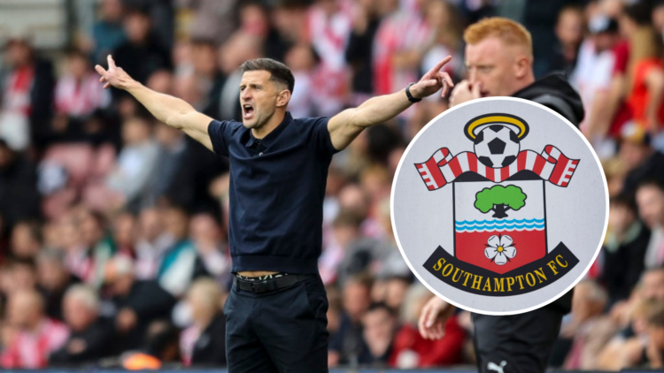Head Coach John Mousinho of Portsmouth during the Sky Bet Championship match between Southampton and Portsmouth. Inset, The official Southampton cl...