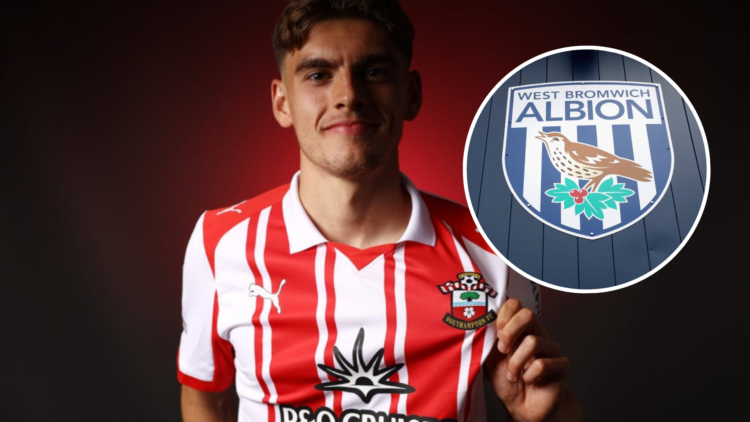 Southampton FC complete the signing of Tom Fellows, on August 29, 2025 in Southampton, England. Inset, The West Bromwich Albion badge is seen on th...