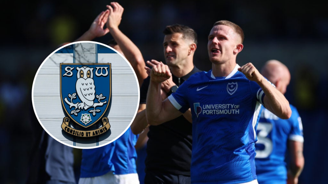 Colby Bishop of Portsmouth celebrates victory after the Sky Bet Championship match between Oxford United and Portsmouth. Inset, The Sheffield Wedne...