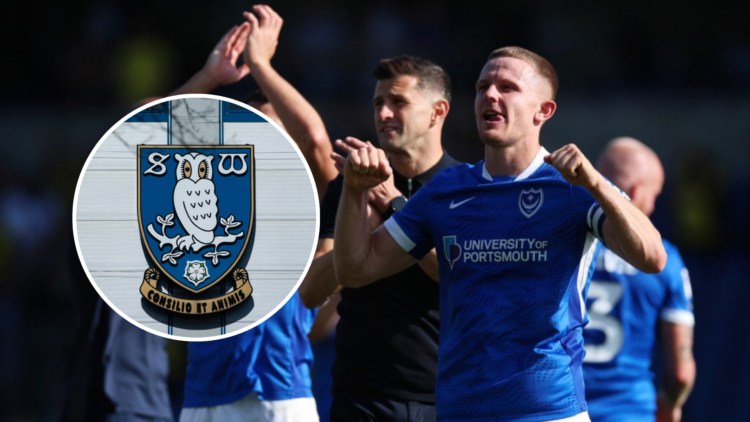 Colby Bishop of Portsmouth celebrates victory after the Sky Bet Championship match between Oxford United and Portsmouth. Inset, The Sheffield Wedne...