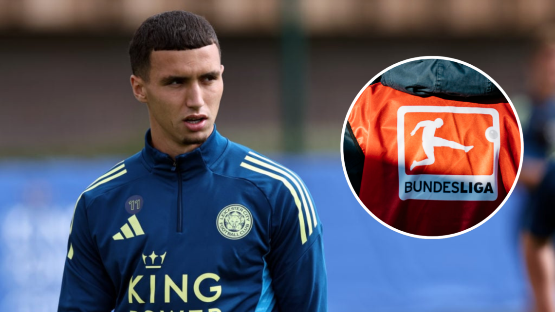 Bilal El Khannouss of Leicester City during the Leicester City training session on August 27, 2025 in Leicester, England. Inset, The bundesliga sig...
