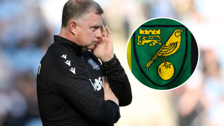 Manager Mark Robins of Stoke City FC during the Sky Bet Championship match between Coventry City FC and Stoke City FC. Inset, Norwich City badge on...